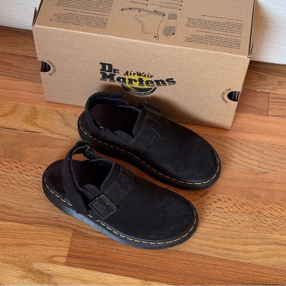 Dr. Martens Black Suede Mules with Buckle